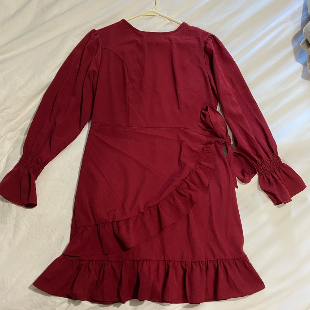 Red Long Sleeve Dress Mid Thigh Dress Faux Wrap